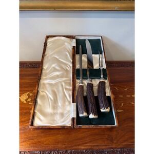 Vintage Stag Handle Carving Set in Case - Sheffield England 3 Piece